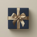 Blue gift box with a gold ribbon on a beige background