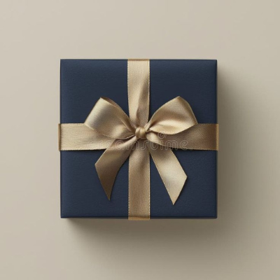 Blue gift box with a gold ribbon on a beige background