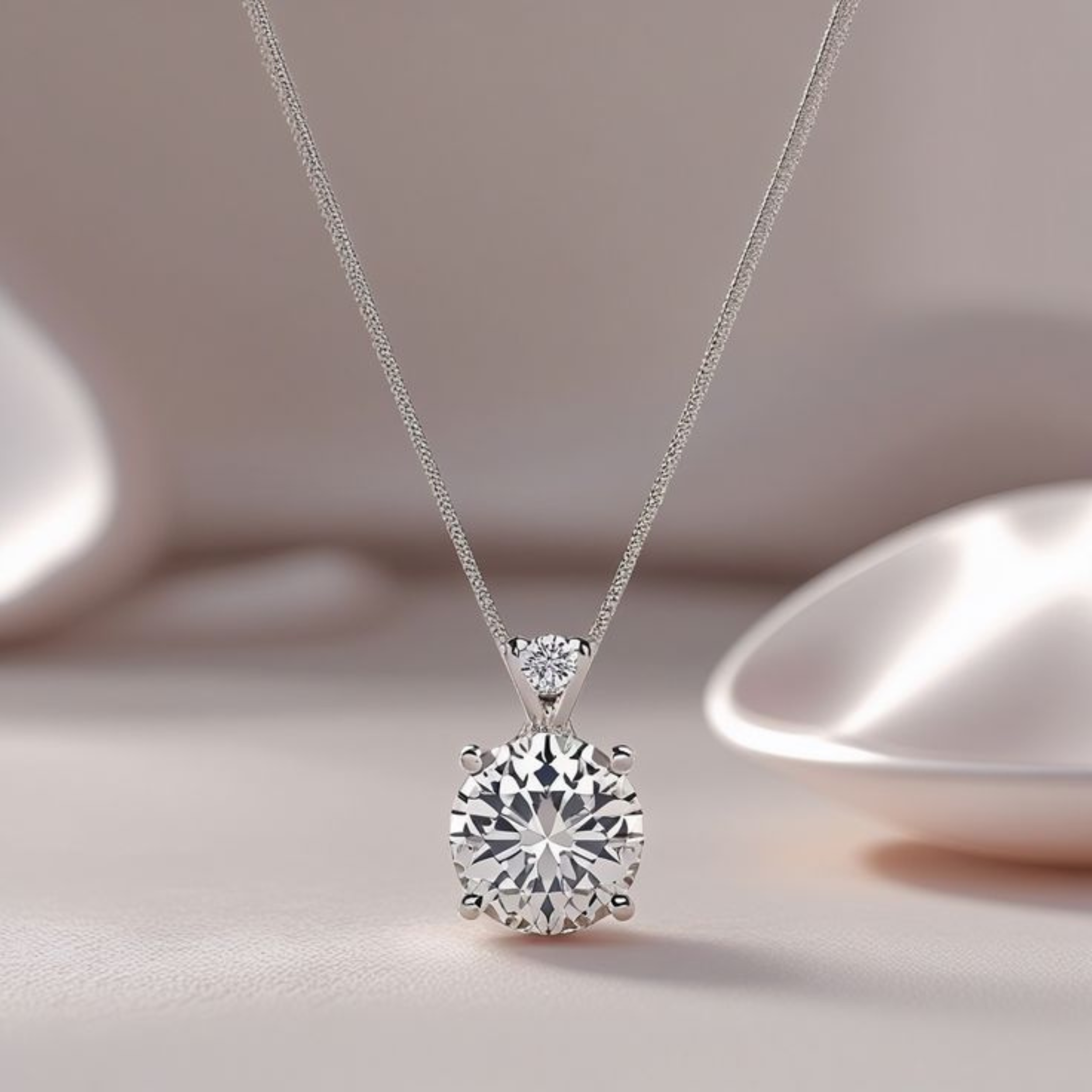 Silver necklace with a round diamond pendant on a soft beige background