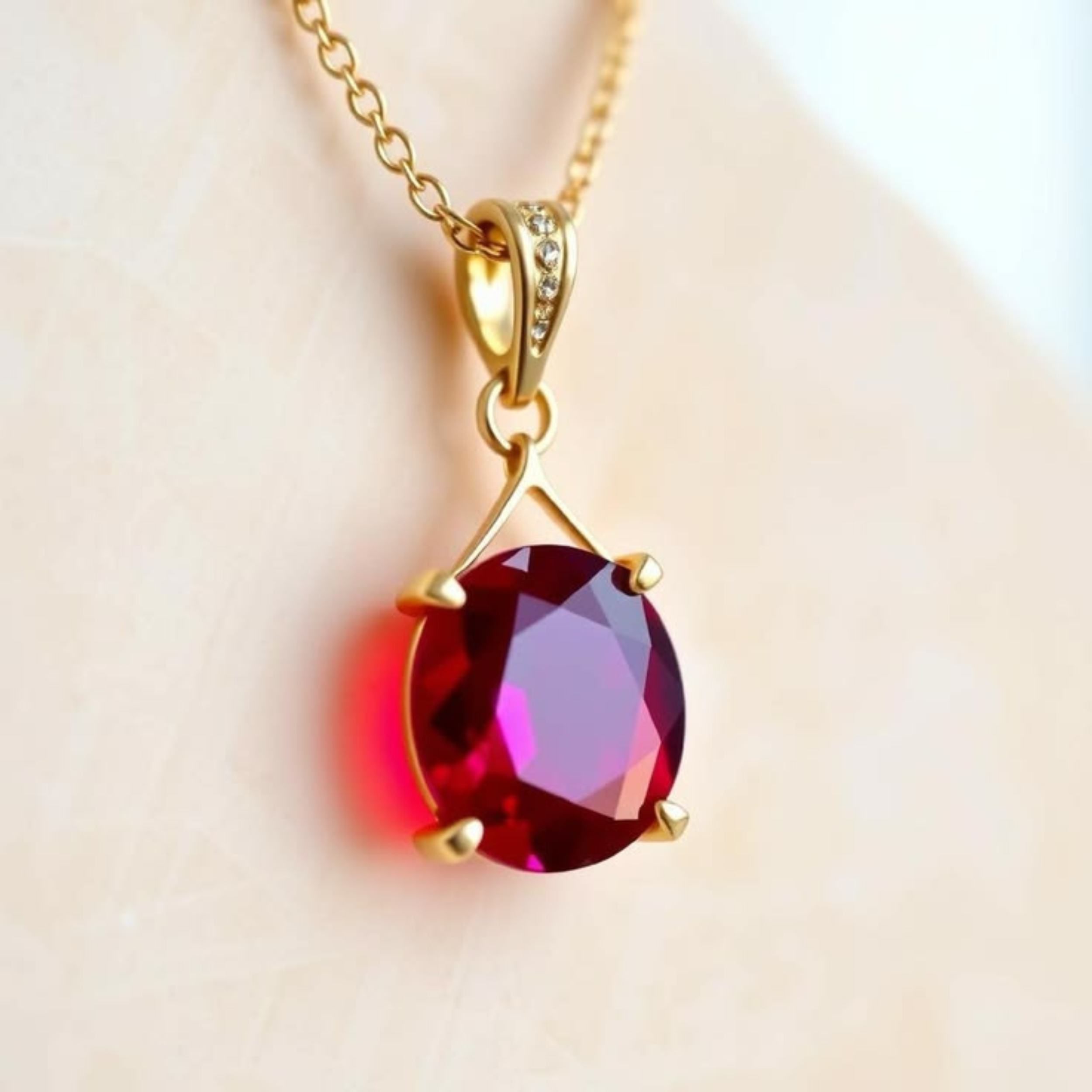 Gold necklace with a red gemstone pendant on a soft beige background
